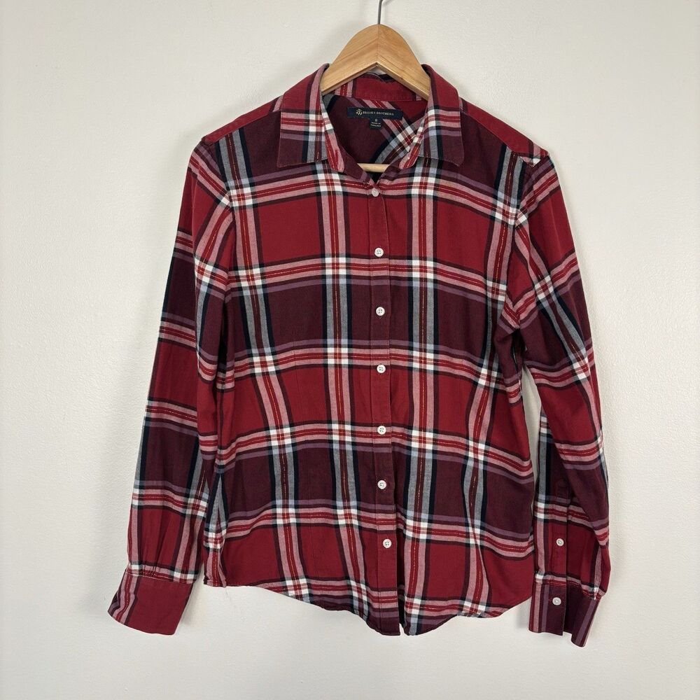 Brooks Brothers Womens 8 Shirt Plaid Button Down Red Metallic Long Sleeve Top